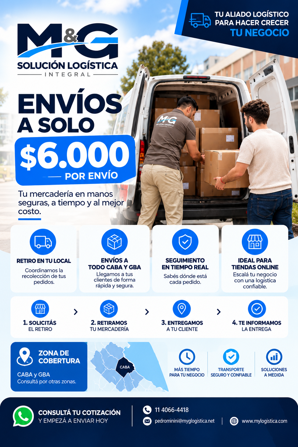 Tarifa de envíos a 6.000 pesos por envío para tiendas online, con retiro en el local, cobertura CABA y GBA y seguimiento en tiempo real.