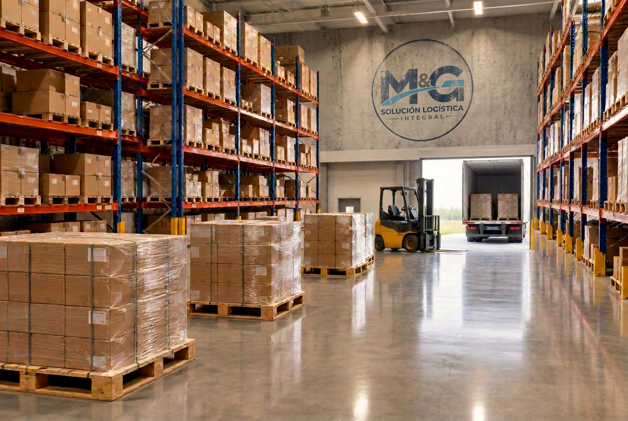 Depósito con pallets y cajas de carga listas para distribución
